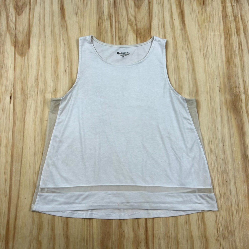 Athleta Tank Top Womens Medium White Mesh Trim Sleeveless Athleisure Active Vest
